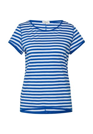 Damska koszulka z krótkim rękawem, niebiesko-biała w poziome paski, z okrągłym dekoltem i metką marki na kołnierzu.