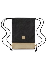 Dragsko-ryggsäck i mörkgrått tyg med en beige bottensektion. Har svarta snören och en liten logotypetikett på framsidan.