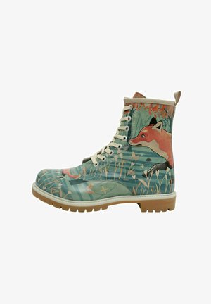 Multicolored ankle boots featuring a fox design; made of smooth material, with a rubber sole and fabric lace-ups; accented with floral patterns.