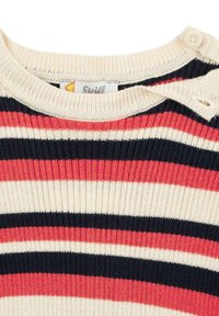 Baumwollstrickpullover mit horizontalen Streifen in Rot, Creme und Marineblau. Rundhalsausschnitt mit Knopfdetails und geripptem Muster.