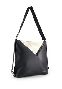 Læder crossbody taske i sort og creme, der har et geometrisk design, en lynlåslomme og en kontrasterende tekstur med guld accenter.