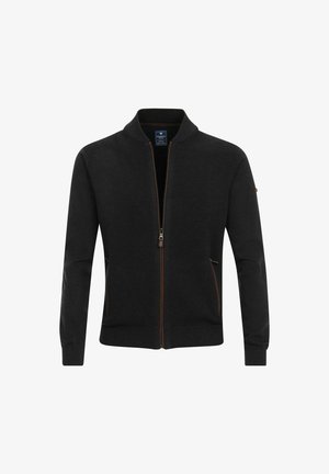 Zwarte ritsjack met een gestructureerd oppervlak, staande kraag, contrasterende bruine rits en zijzakken. Normale pasvorm met lange mouwen.