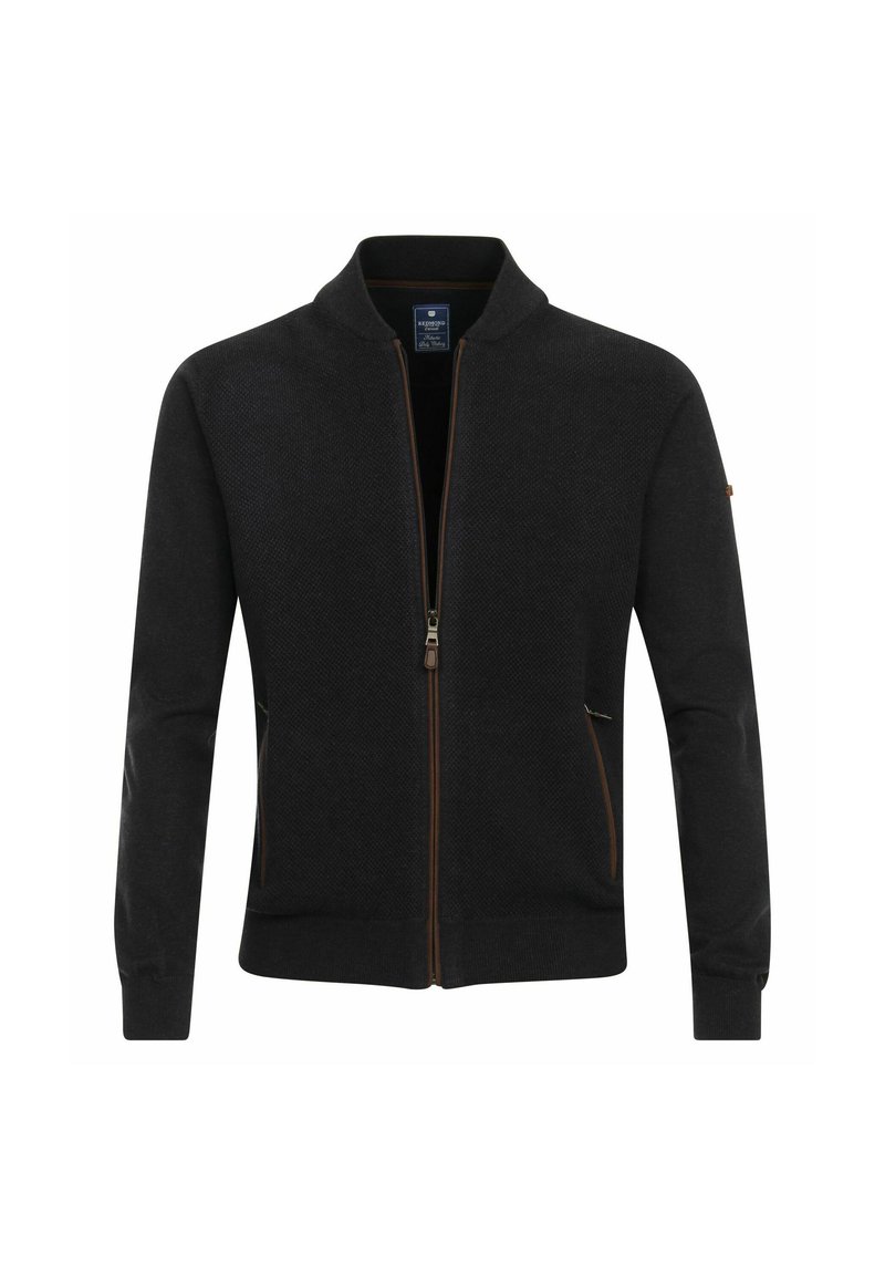 Schwarze Zip-Jacke mit strukturierter Oberfläche, Stehkragen, kontrastierendem braunem Reißverschluss und seitlichen Taschen. Reguläre Passform mit langen Ärmeln.