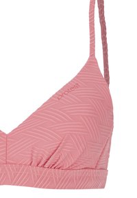 Top bikini a fantasia rosa con superficie testurizzata, dotato di sottili spalline regolabili e un logo discreto sul lato.