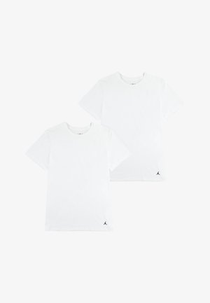 White cotton t-shirts, pack of two, featuring a round neckline and short sleeves, with a small black logo on the bottom left.