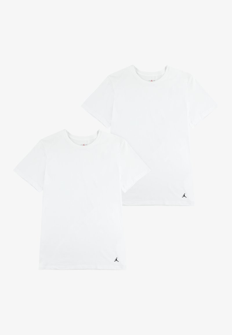 Magliette bianche in cotone, confezione da due, con scollo rotondo e maniche corte, con un piccolo logo nero in basso a sinistra.