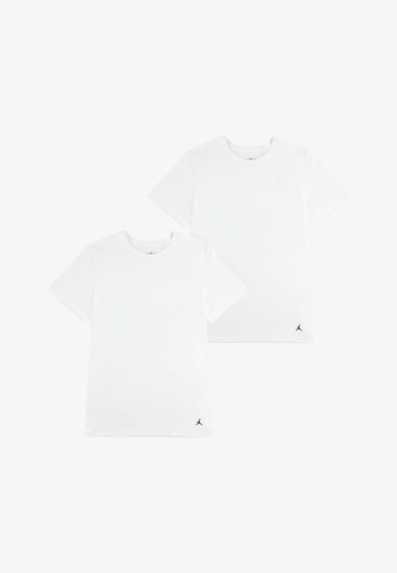 Magliette bianche in cotone, confezione da due, con scollo rotondo e maniche corte, con un piccolo logo nero in basso a sinistra.