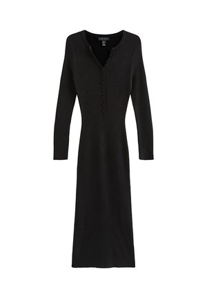 Vestido midi negro de punto acanalado con mangas largas, escote en V con botones y cintura ajustada.