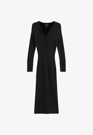 Zwarte midi-jurk van geribbelde gebreide stof met lange mouwen, V-hals met knopen en een aangesloten taille.
