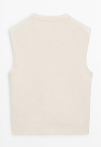 Gilet beige senza maniche in maglia con collo tondo e orlo a coste, mostrato dalla parte posteriore su uno sfondo bianco semplice.