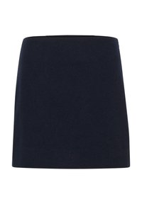 Jupe mini bleu marine en tissu, d'une forme droite classique, avec une texture lisse et un design simple et épuré.