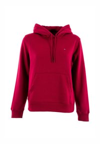 Sudadera roja con capucha hecha de tela suave, con un bolsillo delantero, puños acanalados y un pequeño logo en el pecho. Diseño simple y clásico.