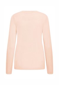 Pull rose clair à manches longues avec une texture lisse. Présente un col doux et des accents festonnés aux poignets des manches et à l'ourlet.