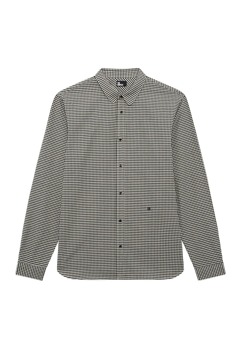 Schwarz-weißer, klein karierten Langarmhemd mit Kragen und schwarzen Knöpfen auf der Vorderseite.