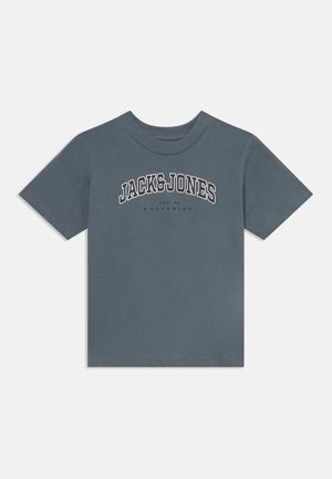 Grey cotton t-shirt with short sleeves, ribbed crew neckline, and front print in white. Features "JACK&JONES" and "EST. 90" text design.