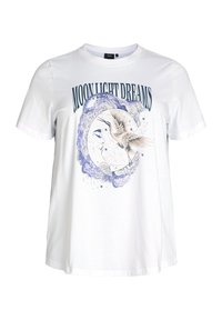 Weißes Baumwoll-T-Shirt mit einem Grafikdesign, das "MOON LIGHT DREAMS", einen Vogel und einen Halbmond in blauen Tönen zeigt. Kurze Ärmel, Rundhals.