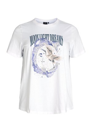 White cotton t-shirt featuring a graphic design with "MOON LIGHT DREAMS," a bird, and a crescent moon in blue tones. Short sleeves, crew neck.