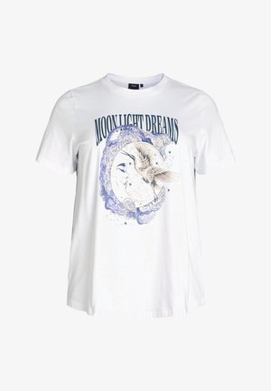 T-shirt en coton blanc avec un design graphique affichant "RÊVES DE LUMIÈRE DE LUNE", un oiseau et un croissant de lune dans des tons de bleu. Manches courtes, col rond.