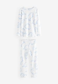 Ensemble de pyjama blanc avec des motifs de dinosaures bleu clair, comprenant un haut à manches longues et un pantalon, fabriqué en tissu doux et respirant.