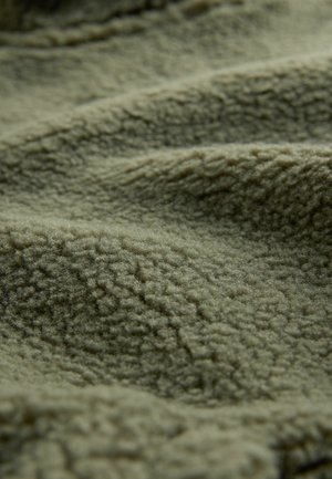 Mäkká, textúrovaná fleecová tkanina v tlmené olivovej zelenej farbe s mierne chlpatým povrchom a jemnými, nerovnomernými vzormi.