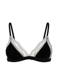 Zwarte fluwelen beha met kantafwerking; driehoekige cups, verstelbare banden, en een centrale strikdetail. Bloemige kantpatronen versterken het ontwerp.