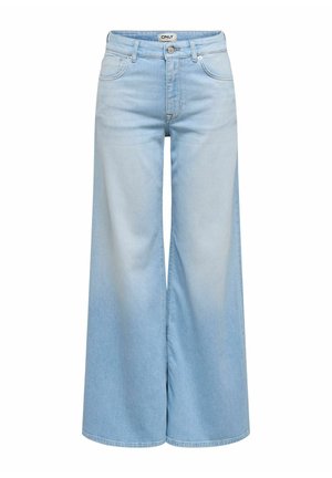 Jean denim bleu clair à jambes larges avec poches avant, passants pour ceinture, fermeture par bouton et étiquette de taille de marque.