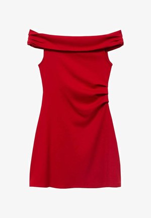 Red off-the-shoulder dress made of smooth fabric, featuring gathered detailing on the front and a fitted silhouette.