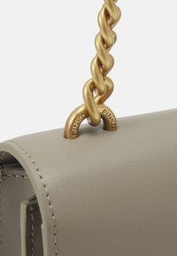 Gaiši pelēka ādas rokassoma ar savītu zeltuķēdes rokturi un ar logotipu iegravētām apdares detaļām. Gluda tekstūra ar izsmeļošu šuvju dizainu.