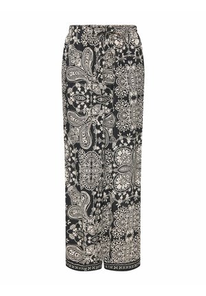 Pantalon ample noir avec des motifs paisley et floraux blancs complexes et une taille élastique.