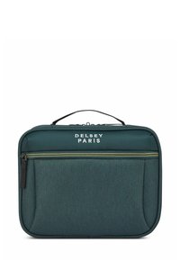 Bolsa para portátil Delsey Paris en tejido verde oscuro con un asa superior, bolsillo frontal con cremallera y estampado de logotipo. Presenta una textura suave y una forma estructurada.