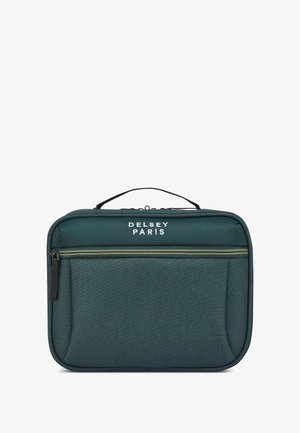 Bolsa para portátil Delsey Paris en tejido verde oscuro con un asa superior, bolsillo frontal con cremallera y estampado de logotipo. Presenta una textura suave y una forma estructurada.