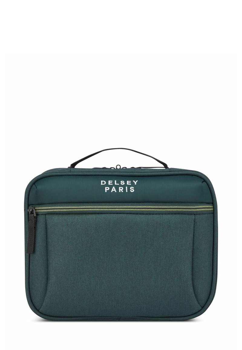 Bolsa para portátil Delsey Paris en tejido verde oscuro con un asa superior, bolsillo frontal con cremallera y estampado de logotipo. Presenta una textura suave y una forma estructurada.