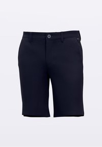 Navy shorts made from a smooth, stretchy fabric. Features a button closure and belt loops. Tailored fit with a straight leg design.