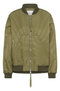 Πράσινο χακί μπουφάν μπόμπερ με ριμπ γιακά και μανσέτες, με διαγώνιες ραμμένες λεπτομέρειες και εμπρόσθιο φερμουάρ.