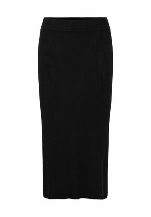Black ribbed midi skirt with a fitted waistband, featuring a straight silhouette and a soft, textured fabric. No visible fastenings.