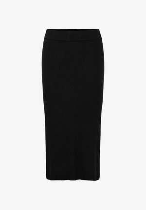 Czarna, prążkowana spódnica midi z dopasowaną talią, o prostym kroju i miękkiej, teksturowanej tkaninie. Brak widocznych zapięć.