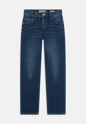 Dunkelblaue Denim-Jeans mit geradem Schnitt, fünf Taschen, Knopfverschluss und dezenter Ausbleichung. Gesticktes Logo am Bund.