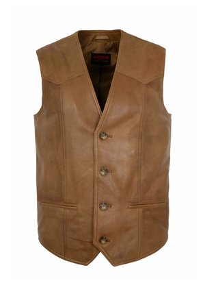 Braune ärmellose Lederweste mit vier Knöpfen, zwei Vorderseiten Taschen und V-Ausschnitt Kragen, entworfen für Herrenbekleidung.