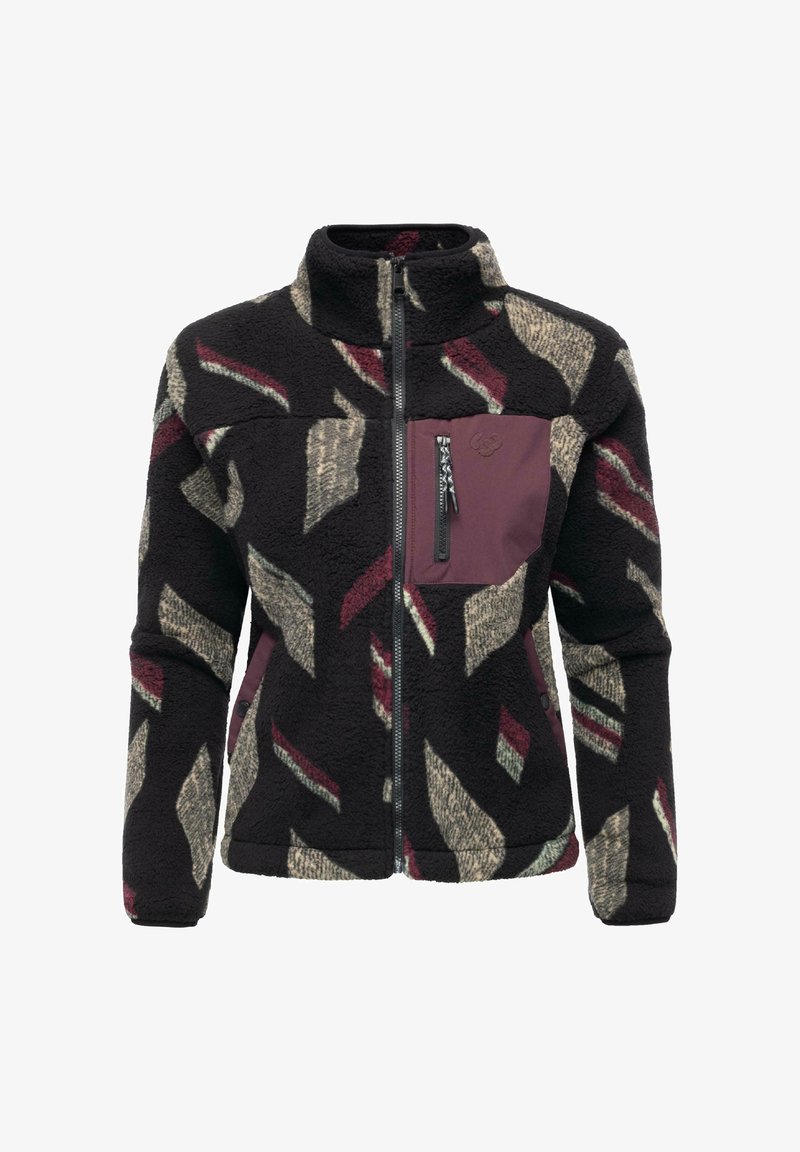 Fleecejakke med et geometrisk abstrakt mønster i sort, beige og bordeaux, med en lynlås brystlomme og høj krave.