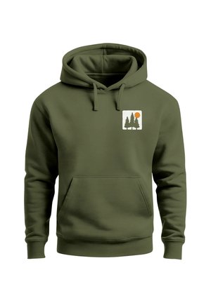 Olivgrüner Hoodie aus weichem Material, mit Kängurutasche, Kapuze mit Kordelzug und einem aufgedruckten Naturmotiv mit Bäumen und Sonne.