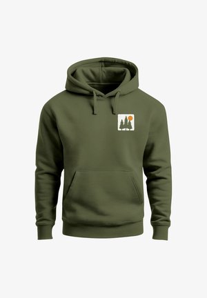 Olive green hoodie made of soft material, featuring a kangaroo pocket, drawstring hood, and a printed nature graphic with trees and sun.