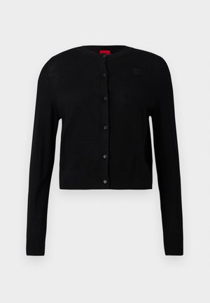 Cardigan nero realizzato in tessuto leggero, con scollo rotondo, maniche lunghe e chiusura con bottoni, caratterizzato da un discreto dettaglio del logo sul petto.