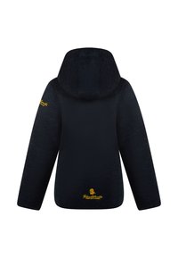 Giacca nera con cappuccio, finitura testurizzata e logo giallo sul lato sinistro in basso. Caratterizzata da maniche lunghe e una vestibilità rilassata.