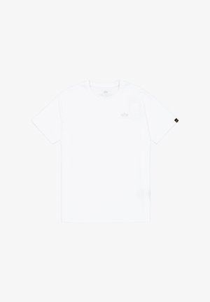 Biała bawełniana koszulka z krótkim rękawem, okrągłym dekoltem i małym szarym logo nadrukowanym na lewej piersi. Metka na dolnym lewym boku.