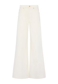 Witte wijde jeans van denim, met een hoge taille, twee voorkruiden en een knoopsluiting. Soepele textuur, volledige lengte.