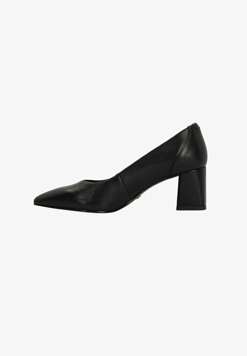 Zwarte leren pump met een spitse neus, middelhoge blokhak, een gladde textuur en een minimalistisch ontwerp. Geschikt voor formele kleding.