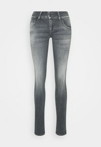 Šedé džíny skinny z denimu s vybledlým efektem, pětikapsovým designem, dvojitým knoflíkovým zapínáním a mírným elastanem pro pohodlí.