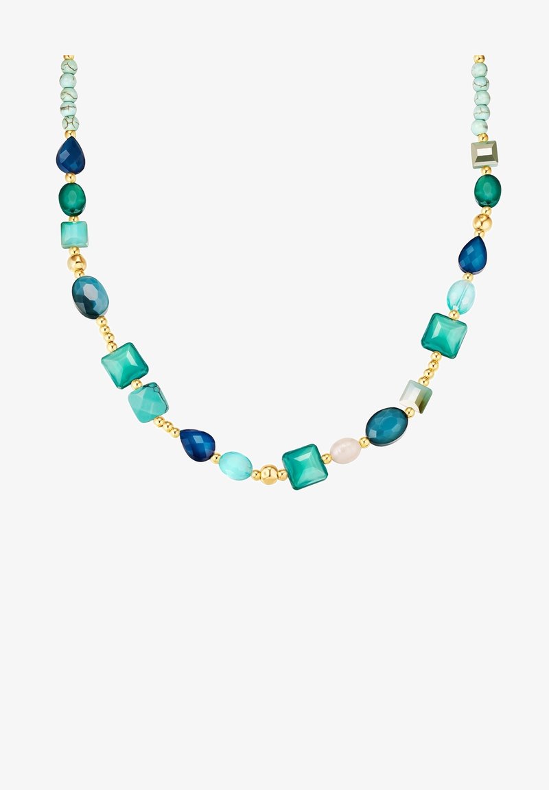 Mitmekesised helmestest kaelakeed, millel on türkiissinine, roheline ja sinine helmed, kuldsed aktsendid ning erinevad geomeetrilised kujundid, sealhulgas ruudud ja tilgad.