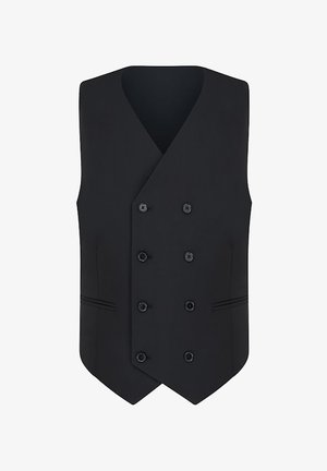 Czarna, dwurzędowa kamizelka formalna z sześcioma guzikami i dwoma przednimi kieszeniami z patkami, dopasowany krój i dekolt w serek.