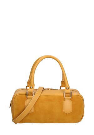 Borsa a mano in suede giallo con forma rettangolare, due manici superiori, una tracolla regolabile e dettagli in pelle. Chiusura con cerniera.